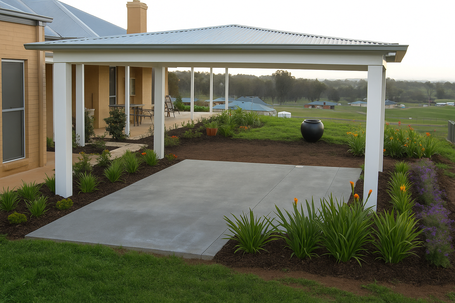 Covered patio with white posts, concrete slab, and landscaped garden overlooking a grassy field  — The Gazebo and Shade Centre in Jindera, NSW