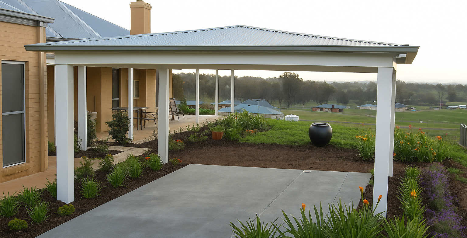 Covered patio beside a house, with white posts, gray paving, and a landscaped yard at sunset — The Gazebo and Shade Centre in Jindera, NSW