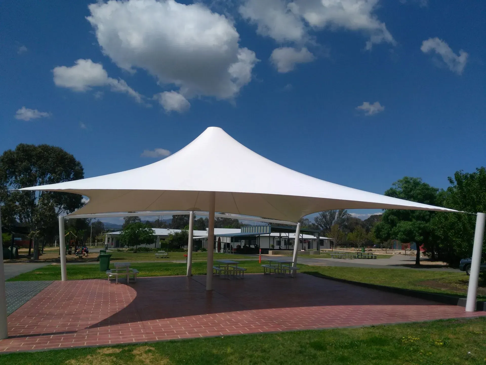 White Canopy Shade Structure Over a Brick Patio — The Gazebo and Shade Centre in Jindera, NSW
