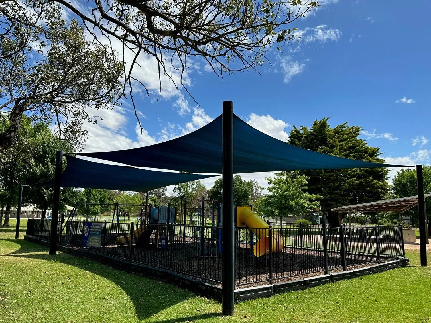 Playground Shaded by Blue Canopies — The Gazebo and Shade Centre in Jindera, NSW