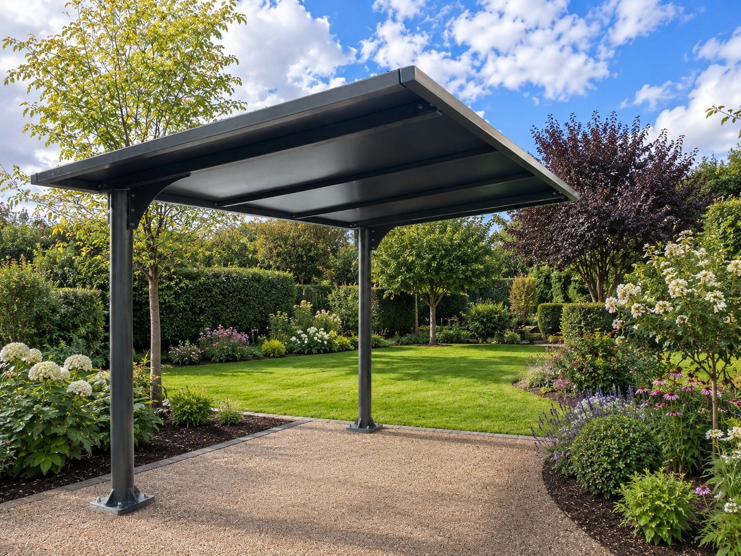 Carport With a Dark Gray Metal Frame, Gray Roof — The Gazebo and Shade Centre in Wangaratta, VIC