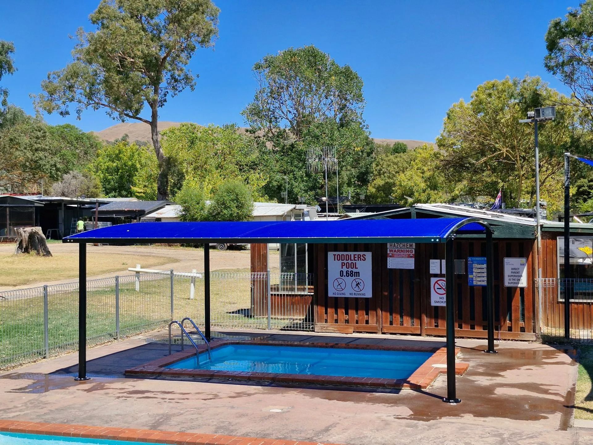 Blue-roofed, Shaded Small Pool Outdoors — The Gazebo and Shade Centre in Jindera, NSW