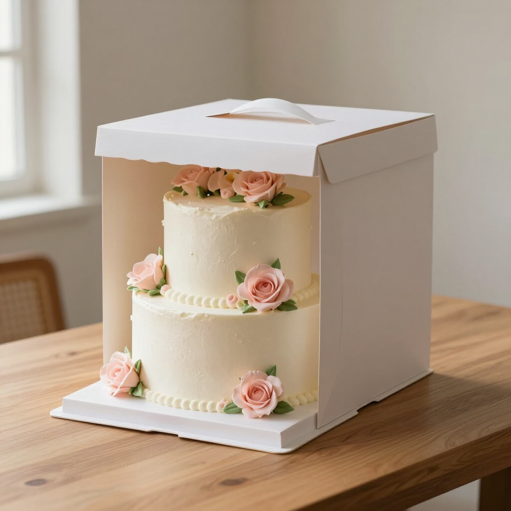 Tall-sided white cake box next to a two-tier decorated cake