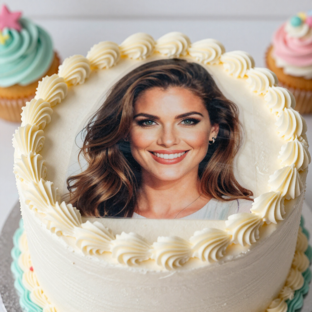 Edible photo cake topper on a celebration cake