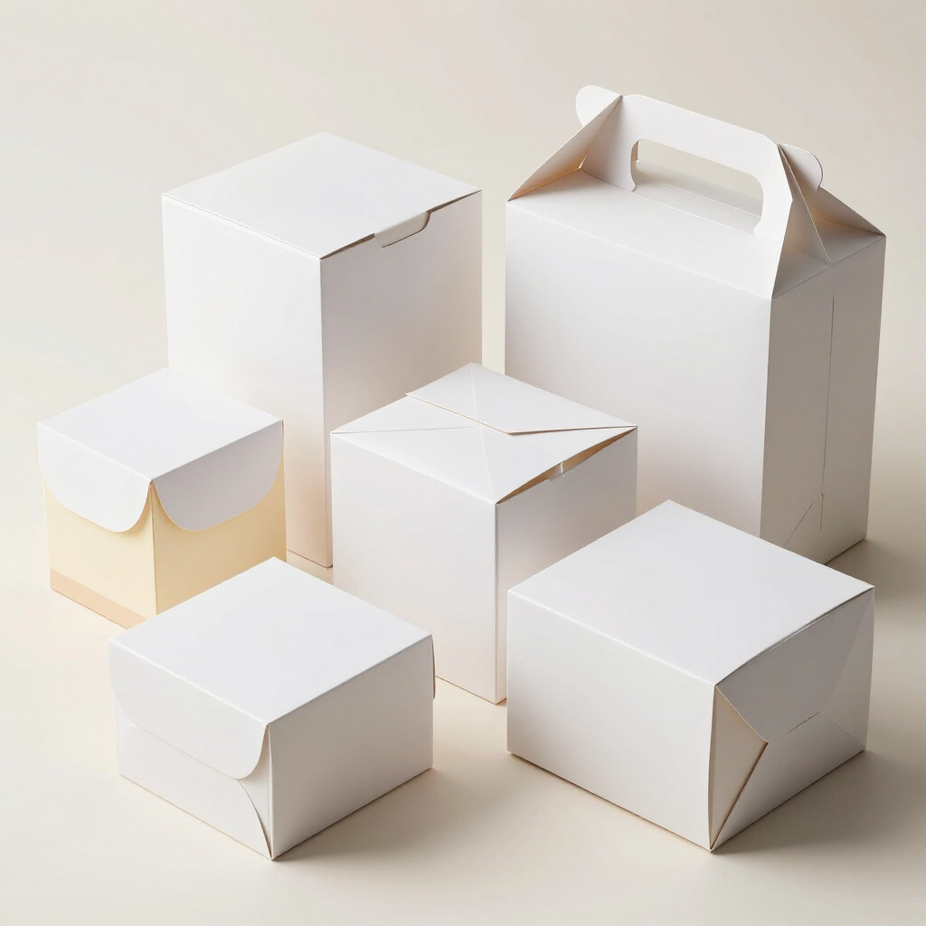 White and kraft cake boxes stacked on a retail counter
