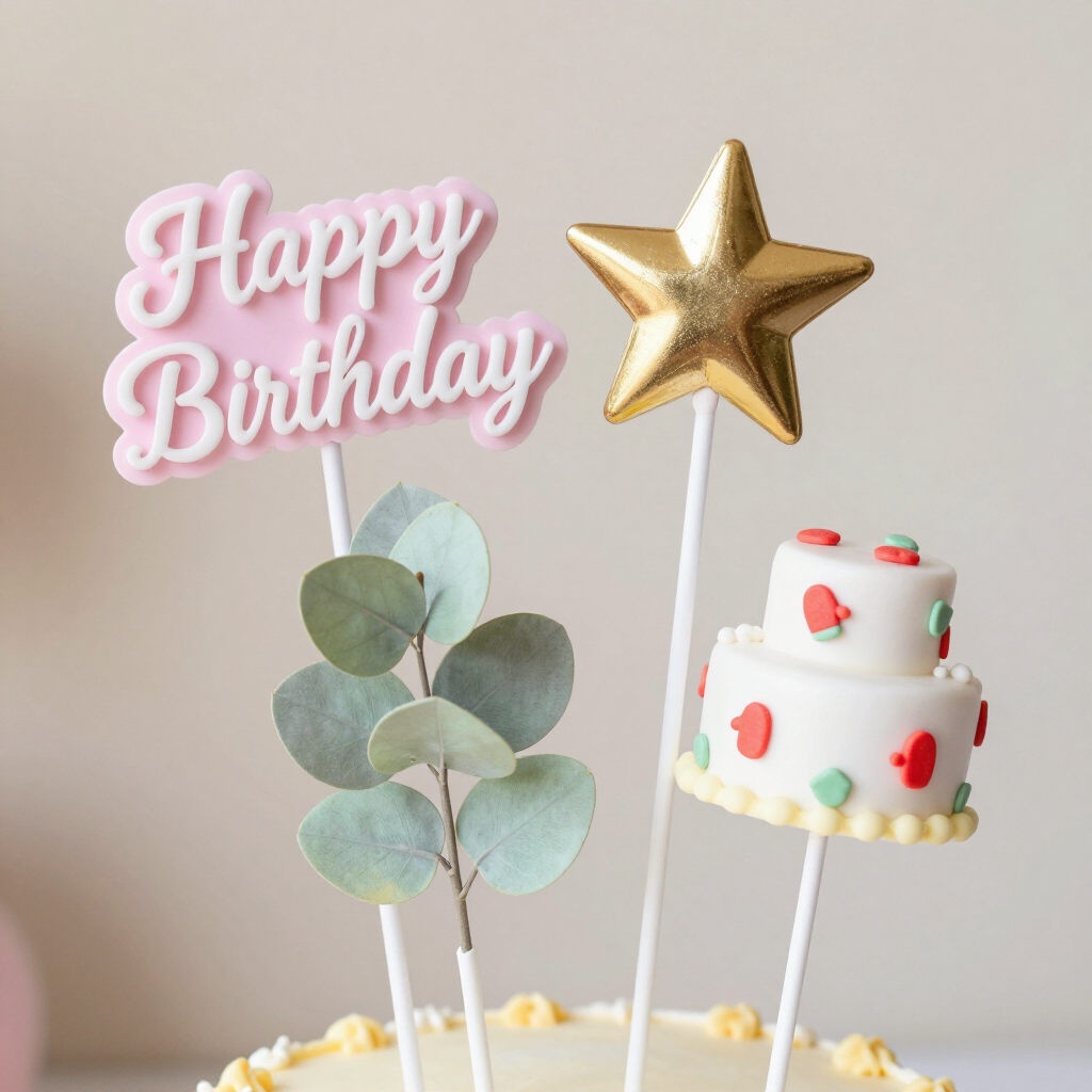 Pink “Happy Birthday” sign with gold star, cake topper, and eucalyptus decorations on a cake.