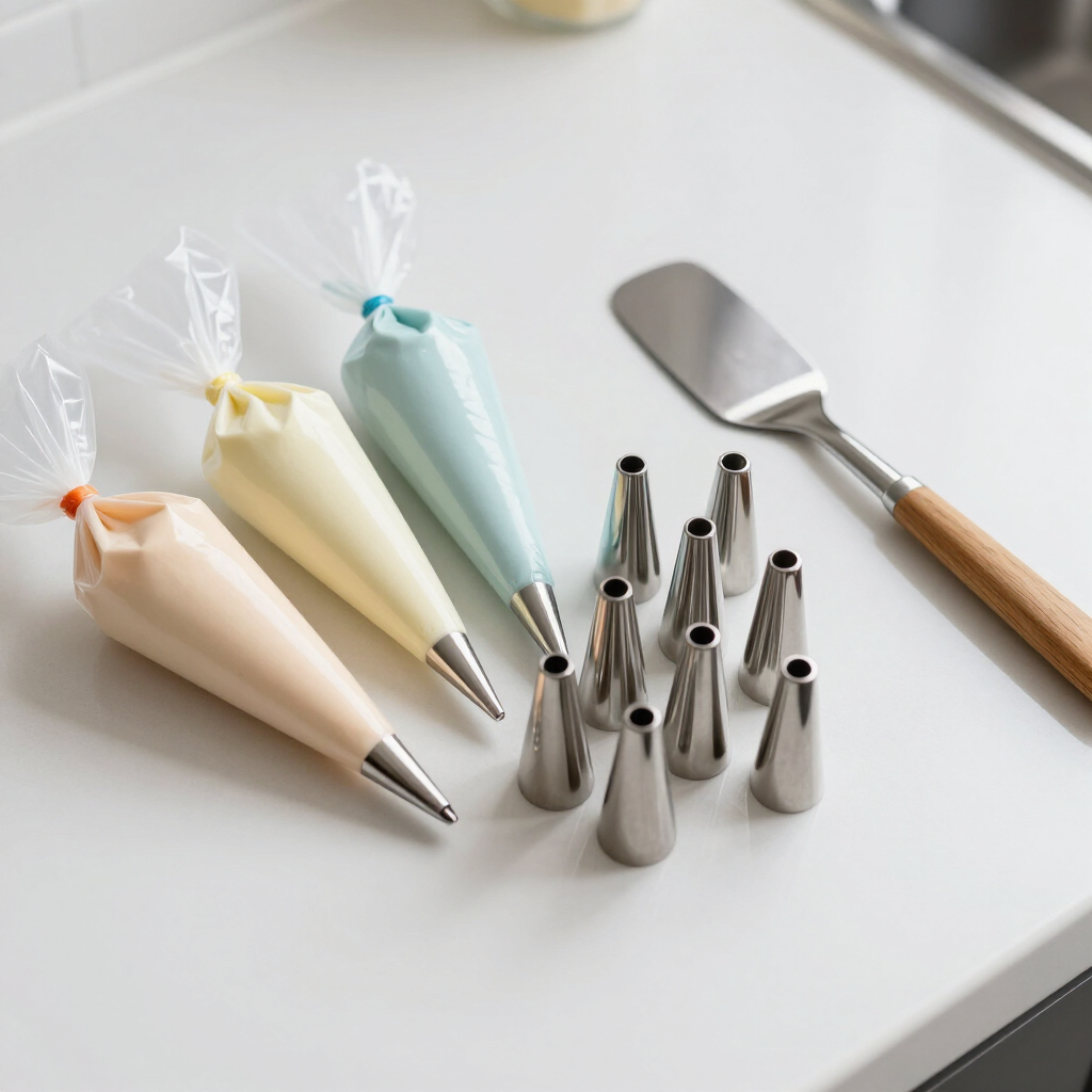 Piping bags, metal piping tips, and an offset spatula on a white counter
