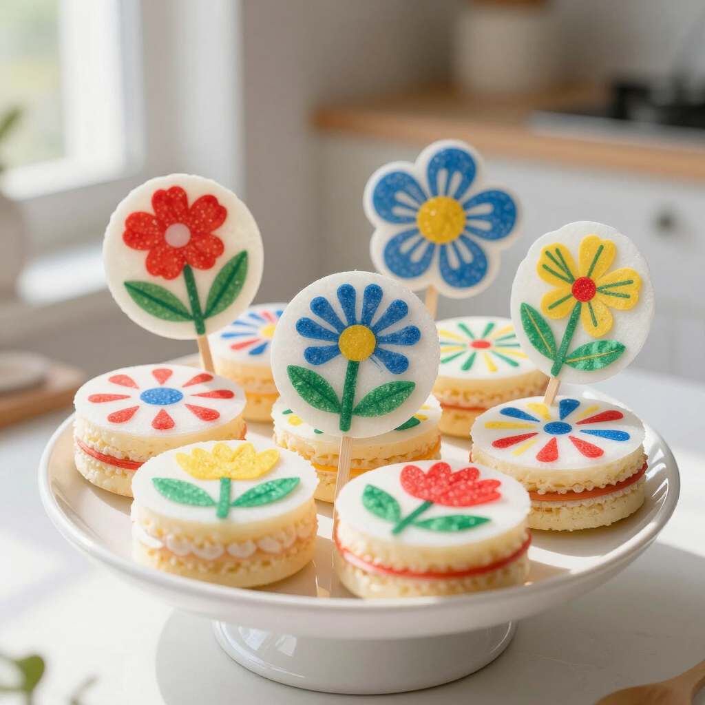 Tray of flower-topped mini cakes on a white pedestal stand in a bright kitchen