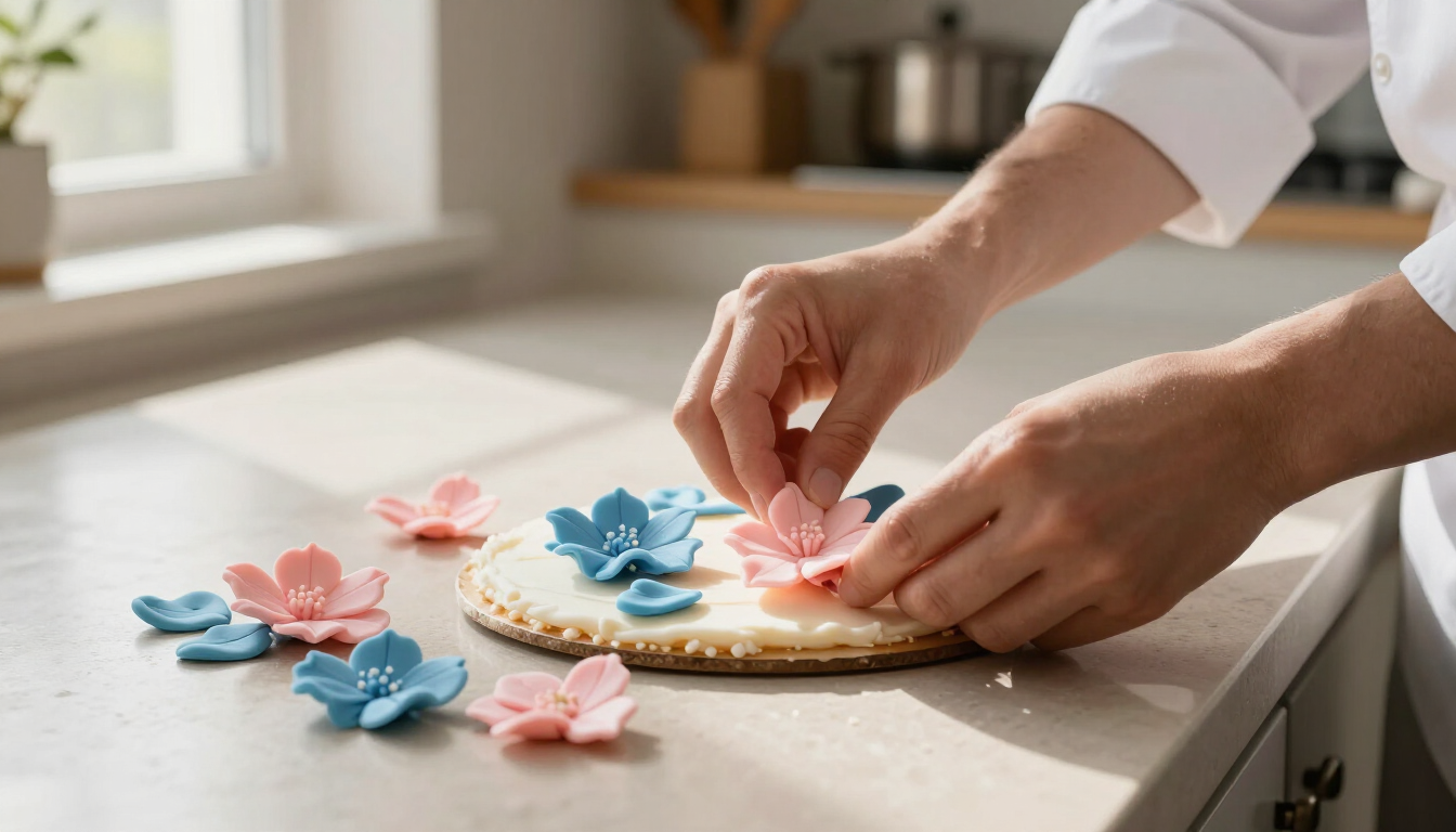 Hands decorating a round cookie with pink and blue icing flowers on a kitchen counter Hands decorating a round cookie with pink and blue icing flowers on a kitchen counter