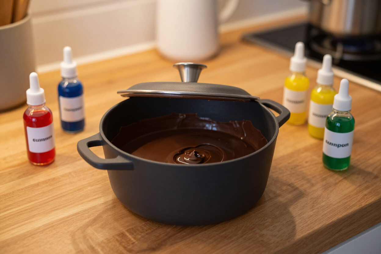 Pot of dark liquid on a kitchen counter, surrounded by small colorful dropper bottles