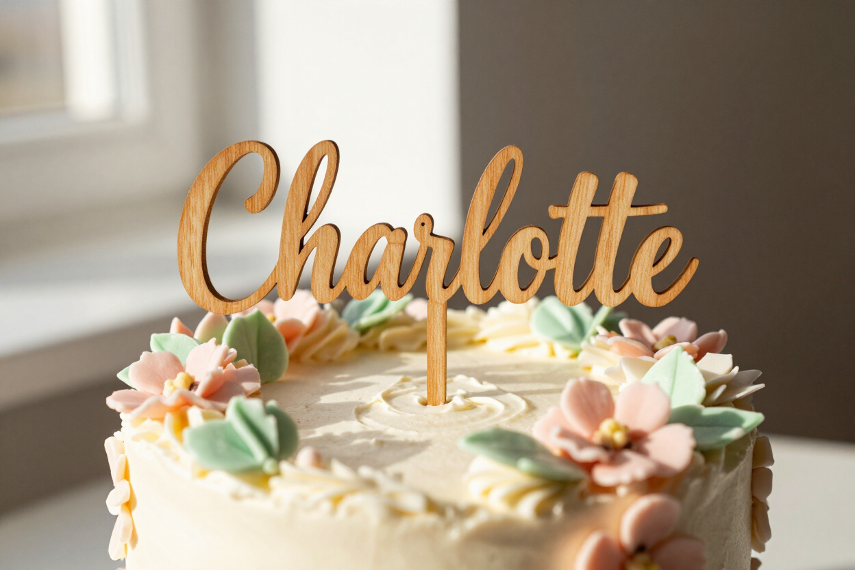 Custom name topper on a decorated celebration cake