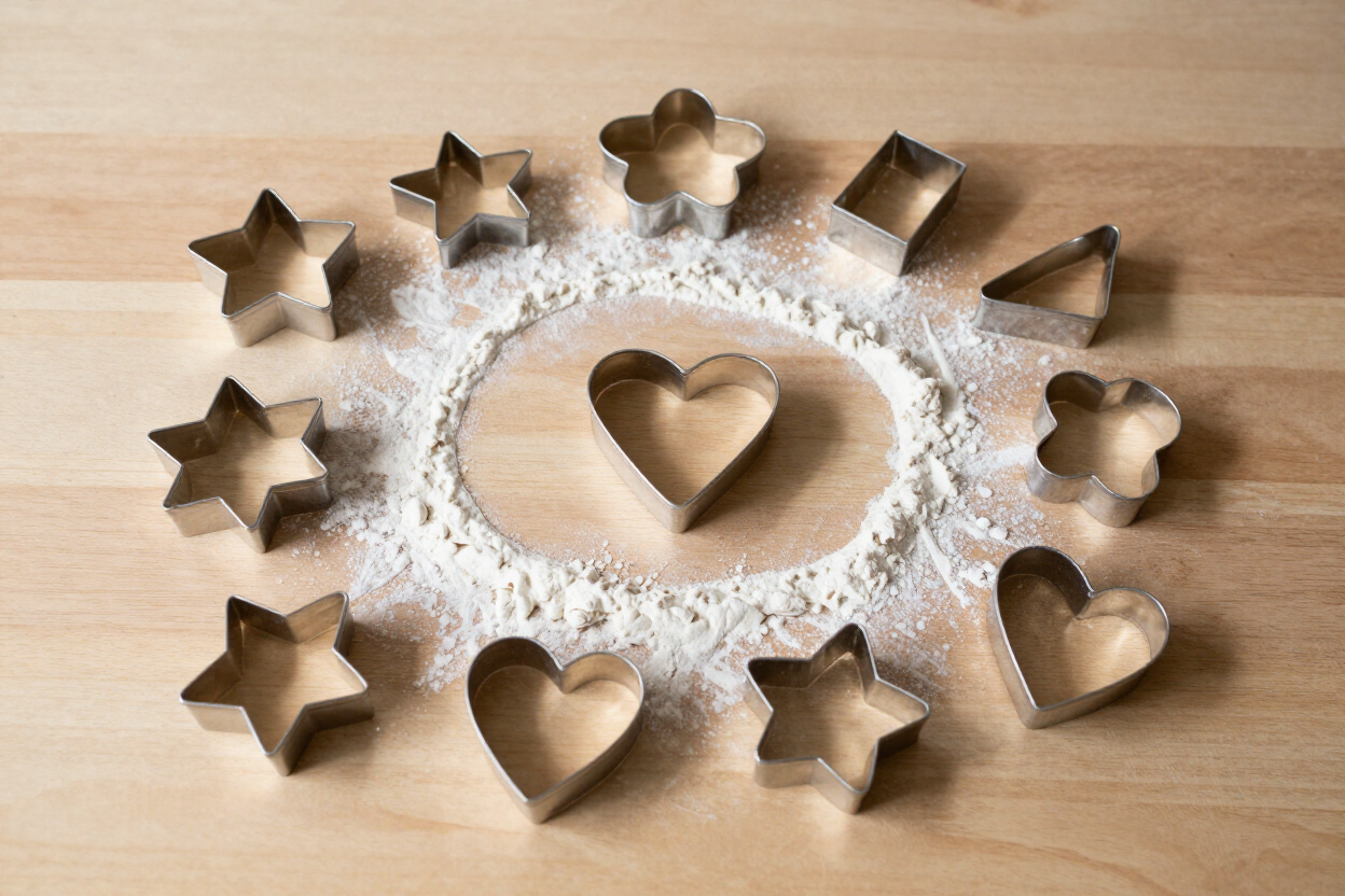 Assorted cookie cutters and custom shapes on a floured wooden surface