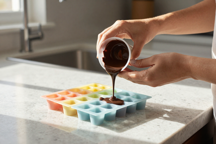 Pouring chocolate into candy molds