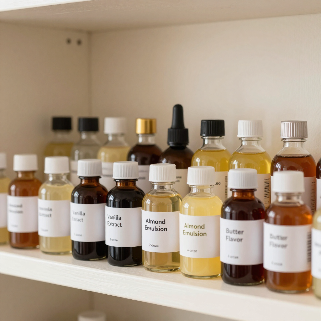Flavor extracts and emulsions on a kitchen shelf