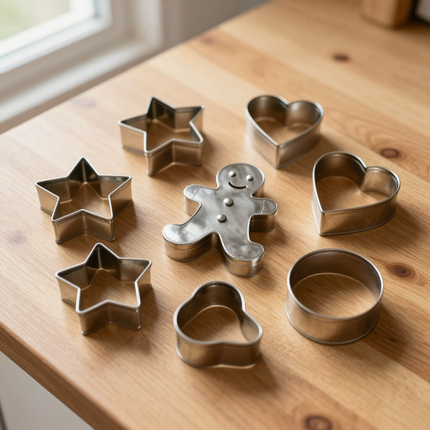 Cookie cutters and decorated sugar cookies on a baking surface