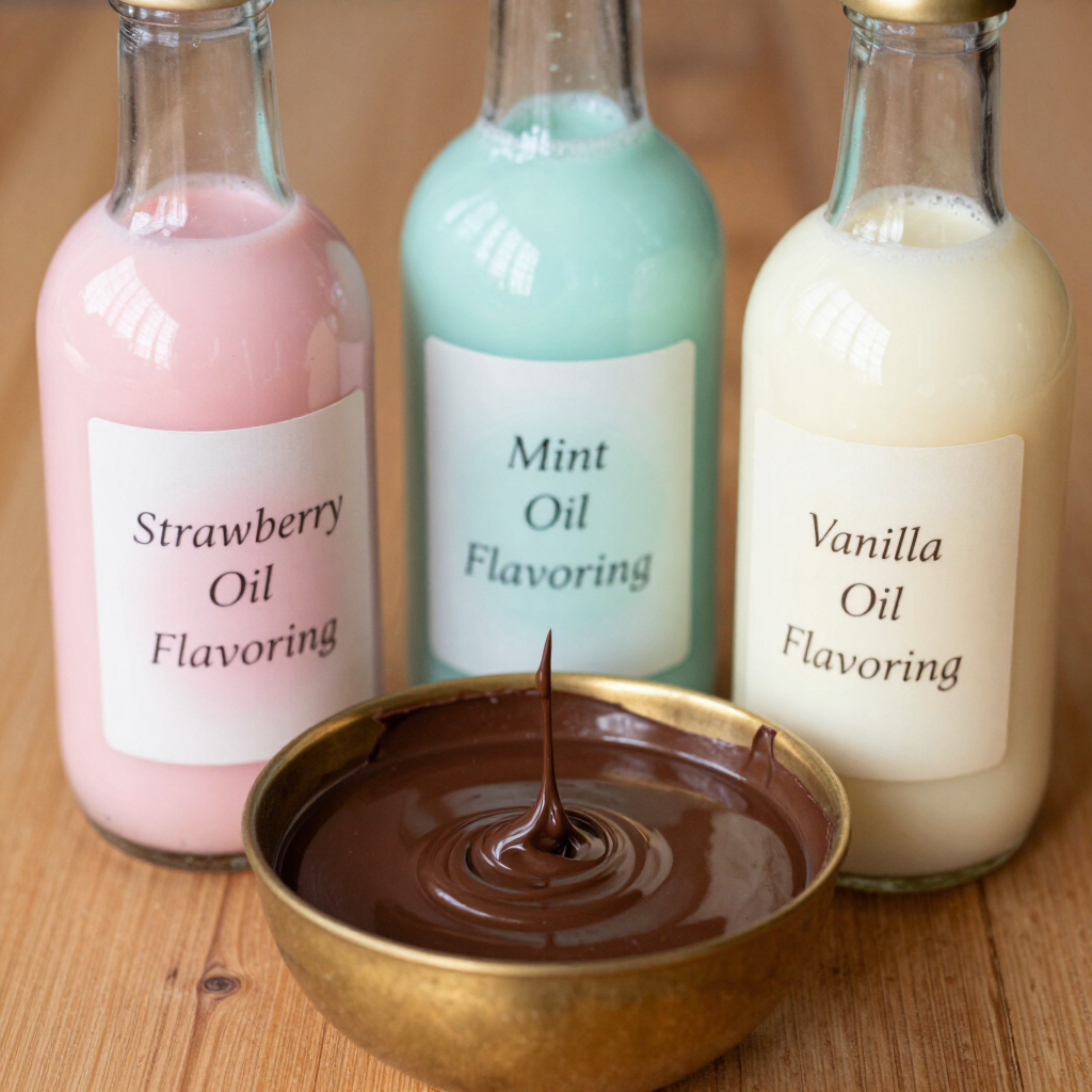 Oil-based candy flavorings beside melted chocolate