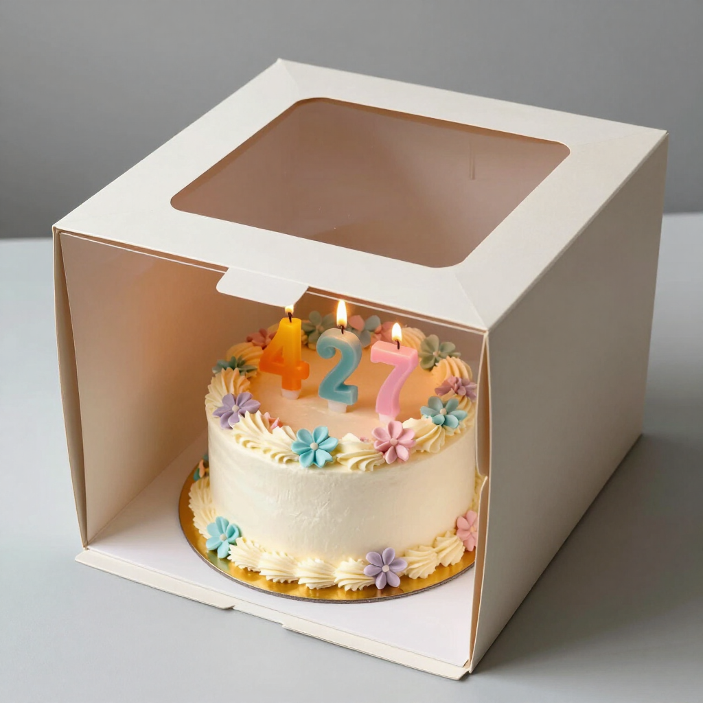 Window-top cake box with clear panel showing decorated birthday cake