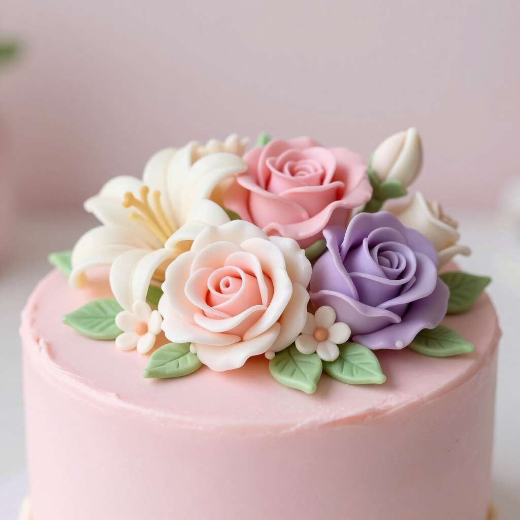 Edible decorations including sugar flowers and edible pearls