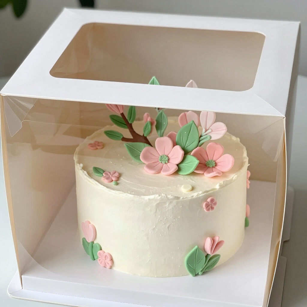 Decorated white cake with pink flowers and green leaves in a white cake box