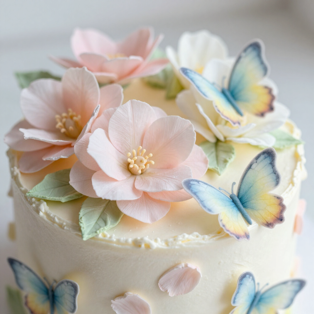 Wafer paper flowers on a pastel frosted cake