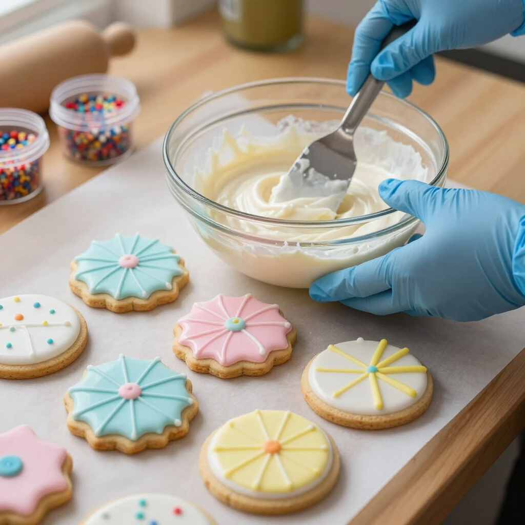 Royal icing mix with decorated sugar cookies in progress