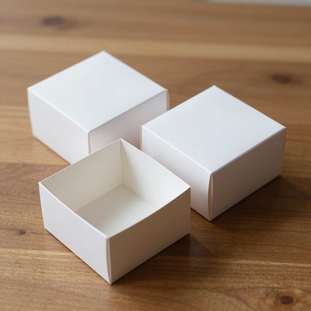 Square white cake boxes open and closed on a wooden surface