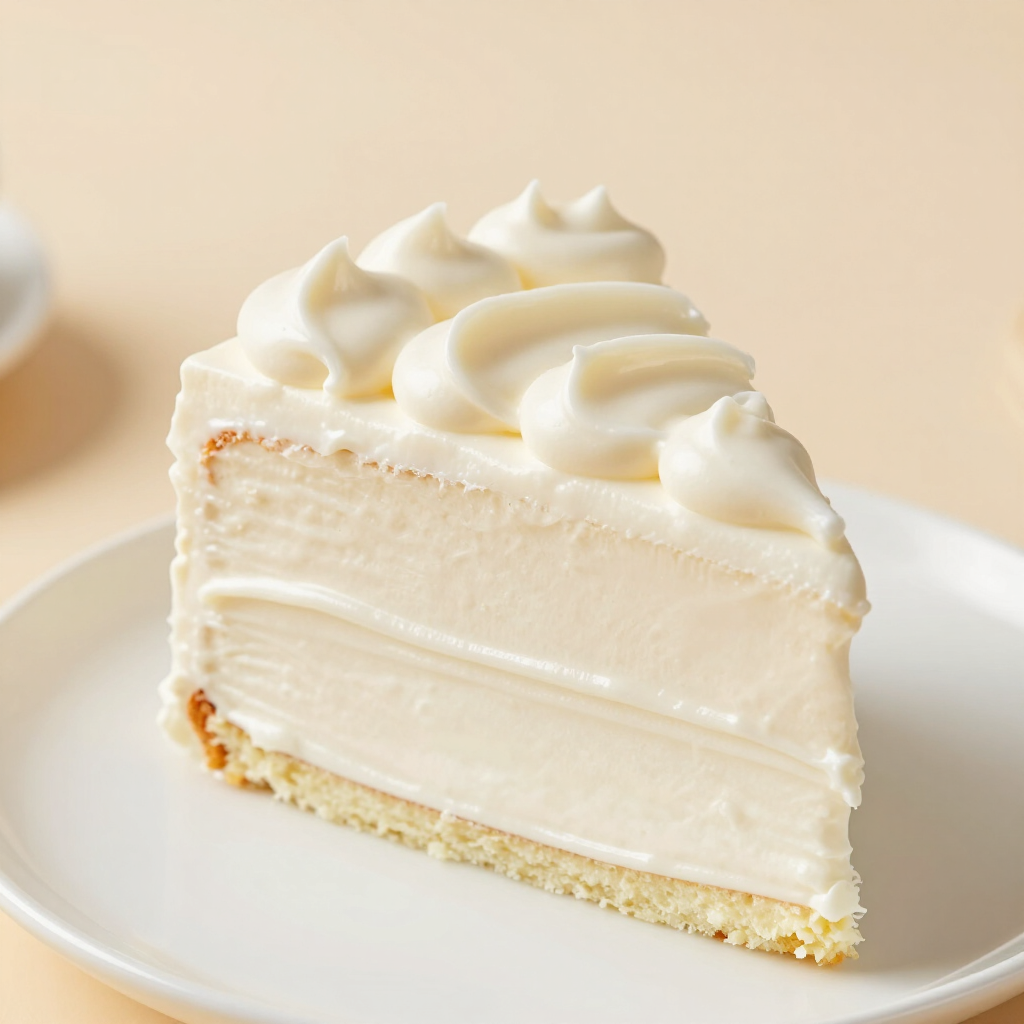 Slice of white frosted cake on a plate with cream swirls on top