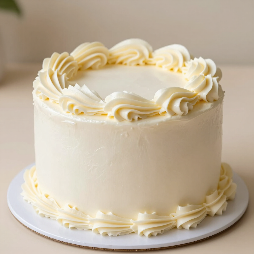 White frosted cake with piped cream swirls on a plate