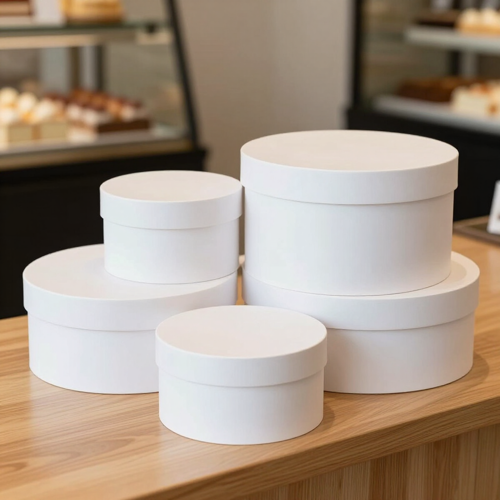 Stack of white round cake boxes in various sizes on a retail counter Stack of white round cake boxes in various sizes on a retail counter