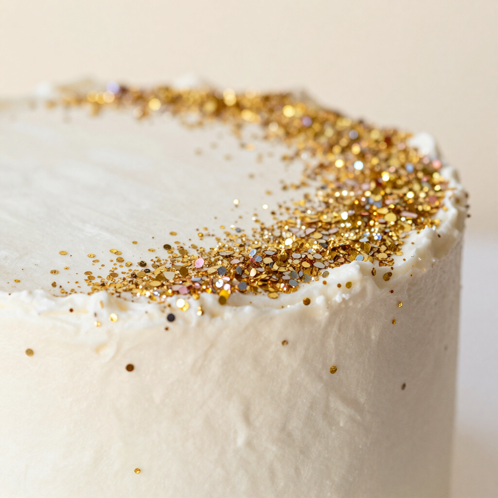 Baker dusting edible gold luster powder on a chocolate cake
