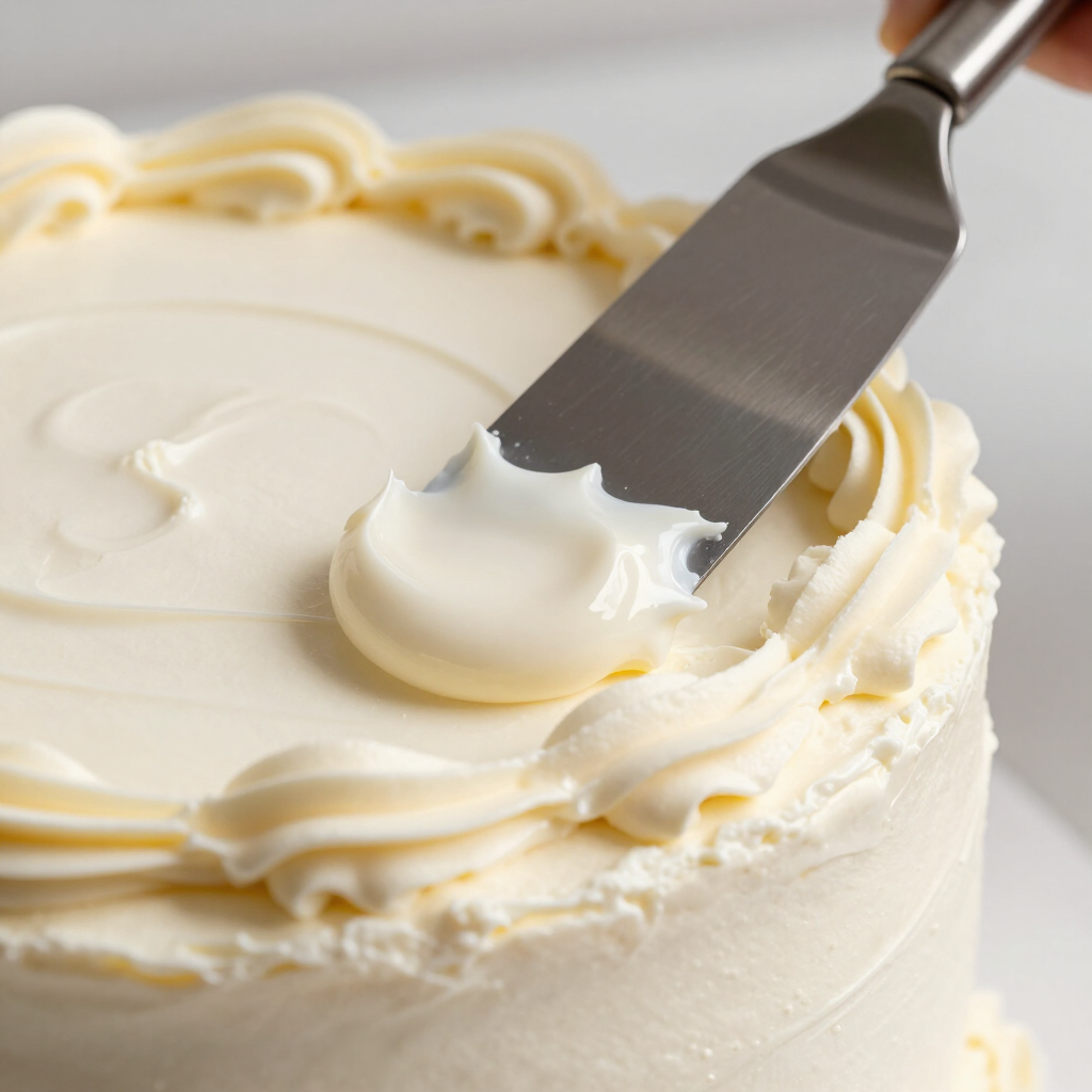 Offset spatula spreading buttercream on a round cake