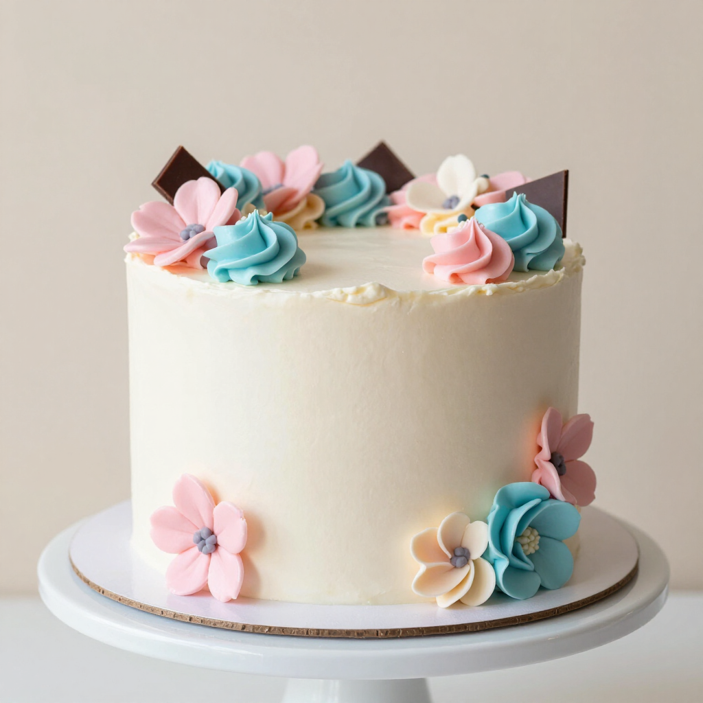 White frosted cake with pink, blue, and peach buttercream flowers on a white stand