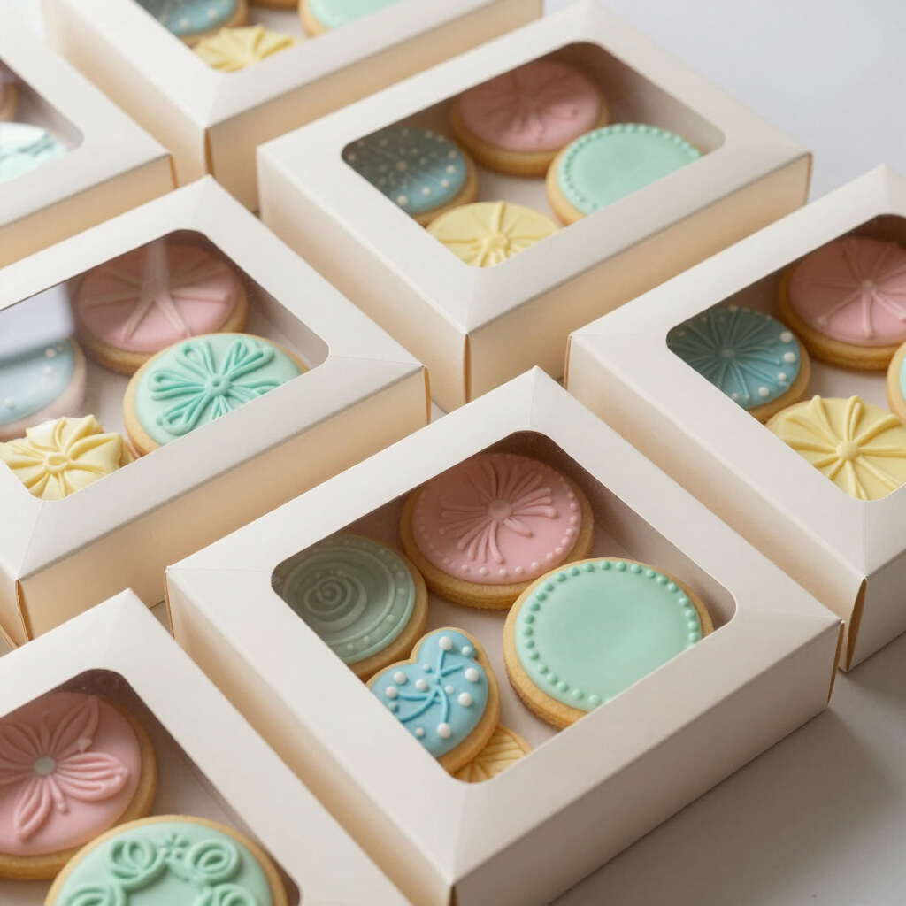 Small window-panel boxes with decorated sugar cookies inside