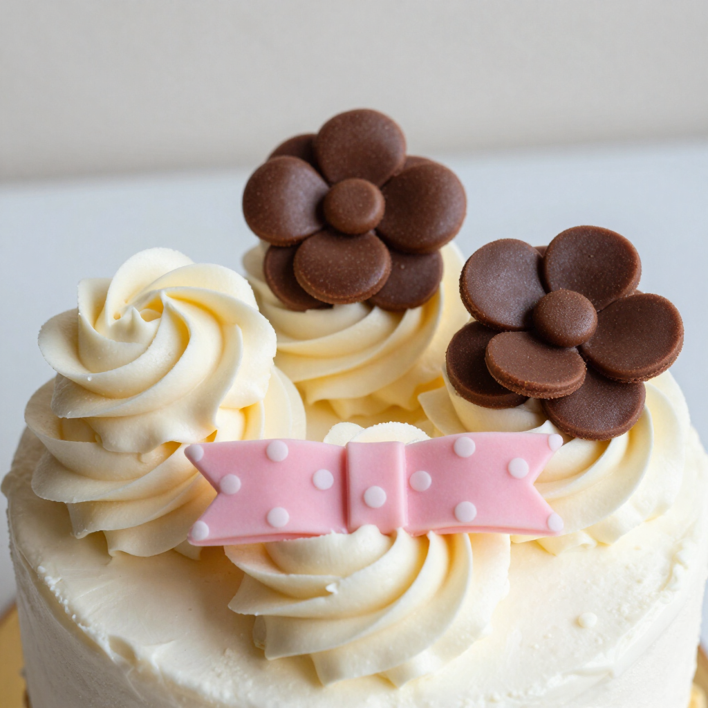 White frosted cake with pink polka-dot bow and chocolate flower decorations