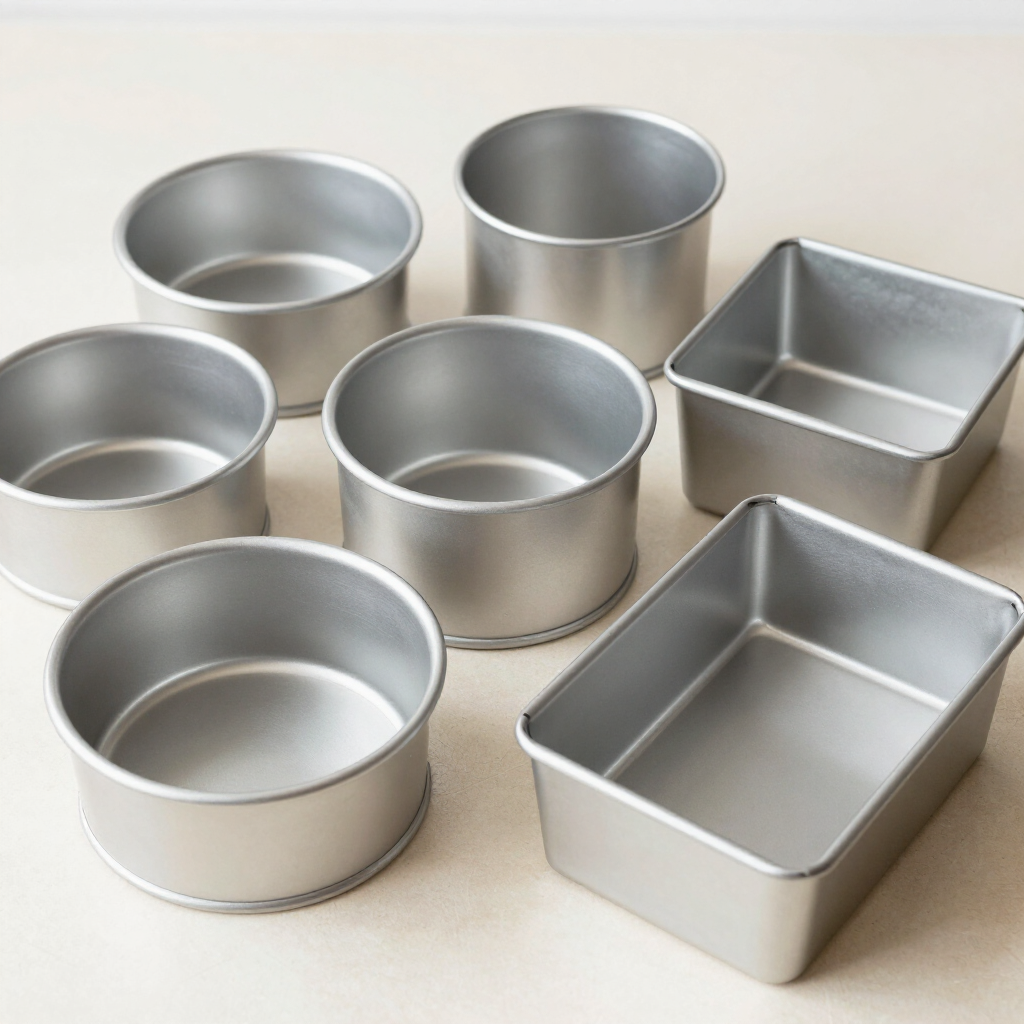 Assortment of baking pans stacked on a retail shelf