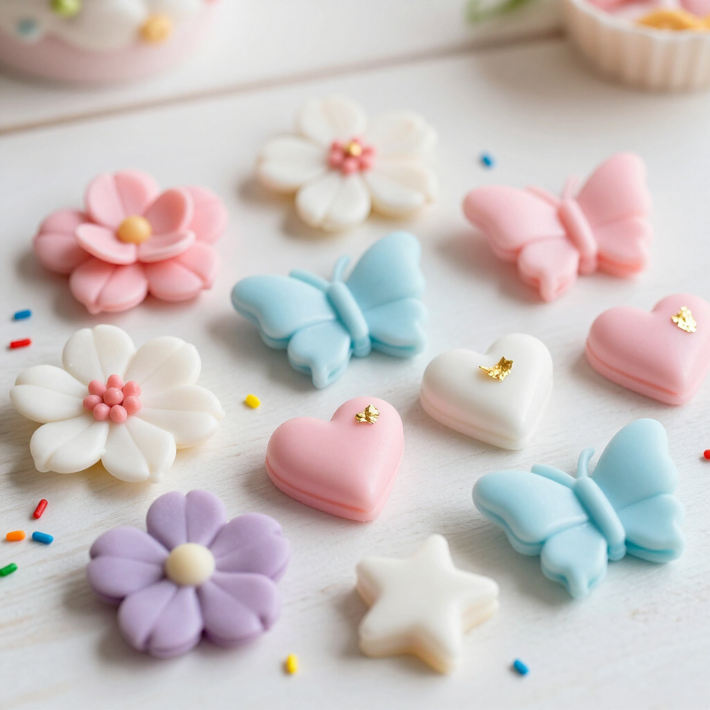 Pastel flower, heart, star and butterfly sugar decorations on a white surface Pastel flower, heart, star and butterfly sugar decorations on a white surface