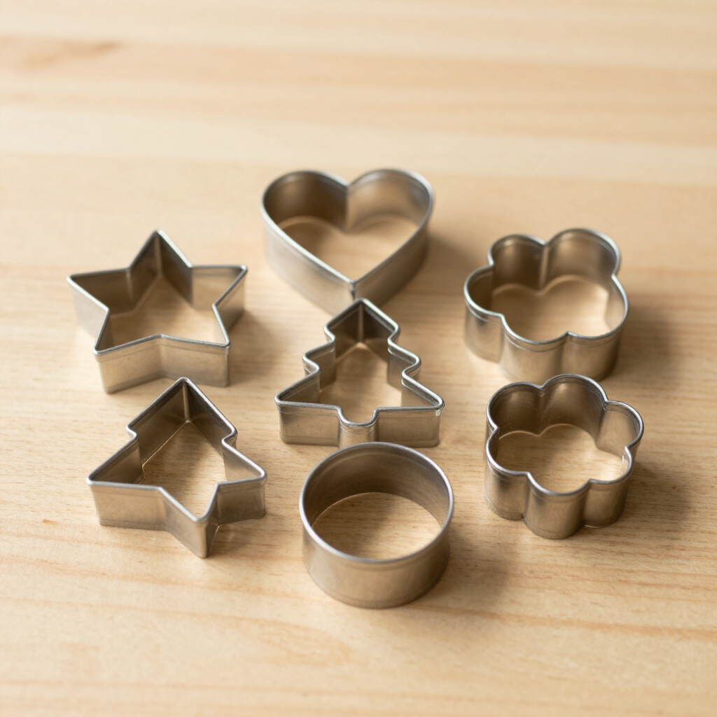 Cookie cutters in varied shapes pressed into rolled dough