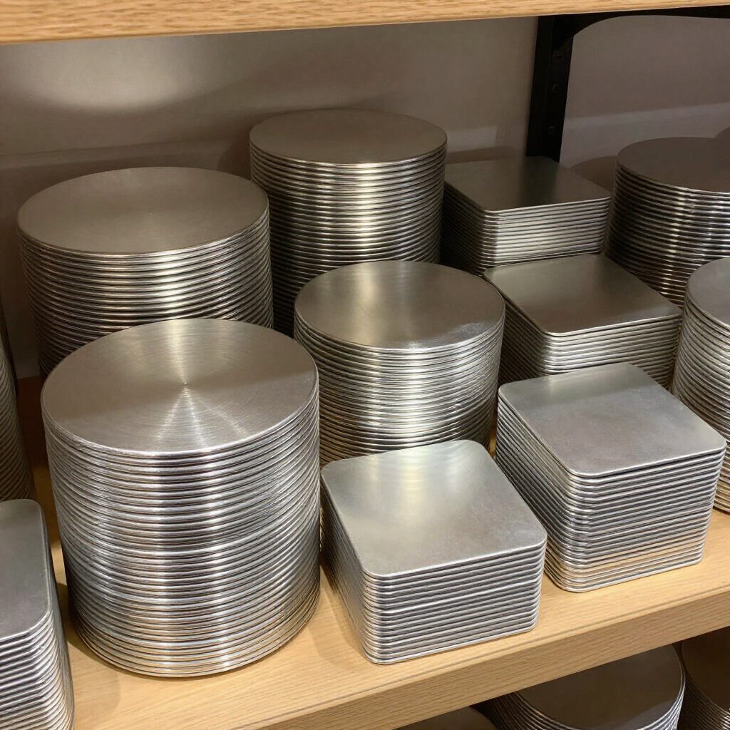 Stack of round and square silver cake boards on a retail shelf