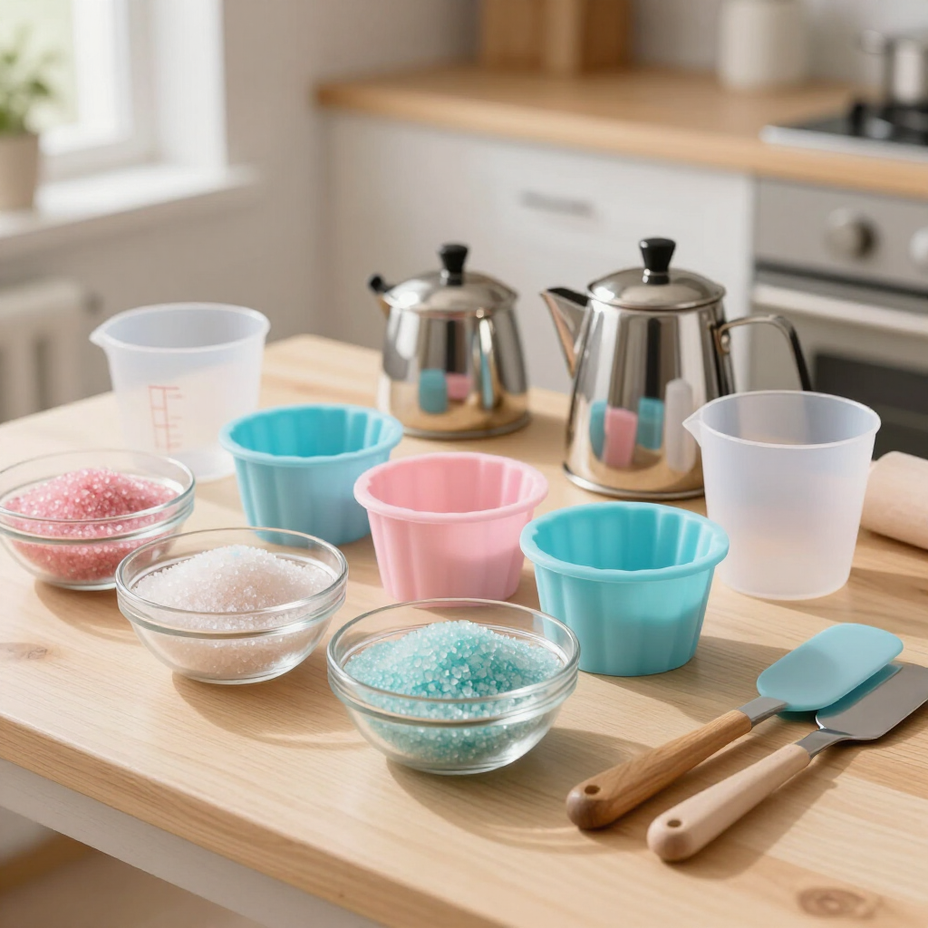Colorful baking bowls and measuring cups on a kitchen counter with two metal tea kettles and spatulas