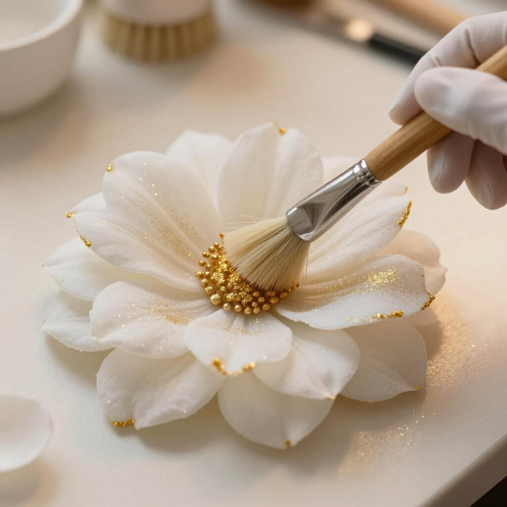 Luster dust being brushed onto a sugar flower