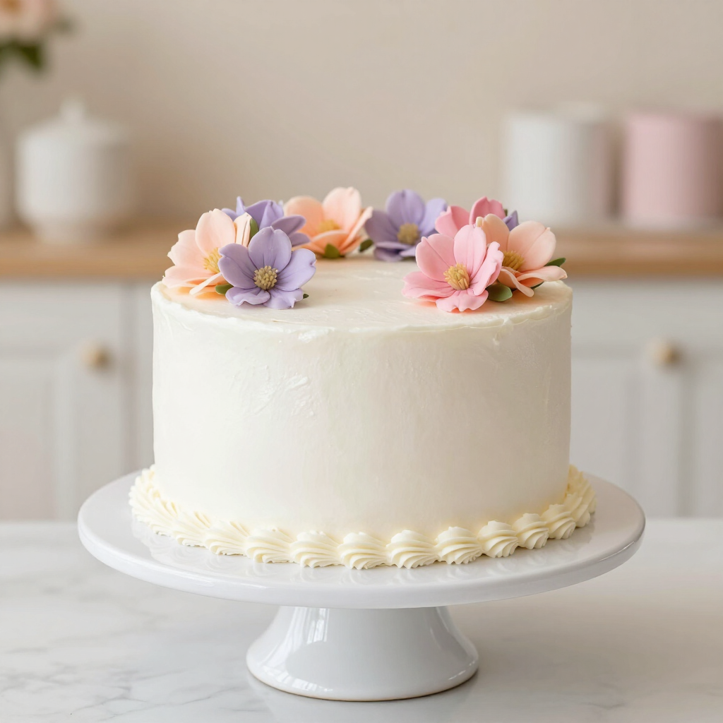 White frosted cake on a pedestal, topped with pastel flowers in a bright kitchen