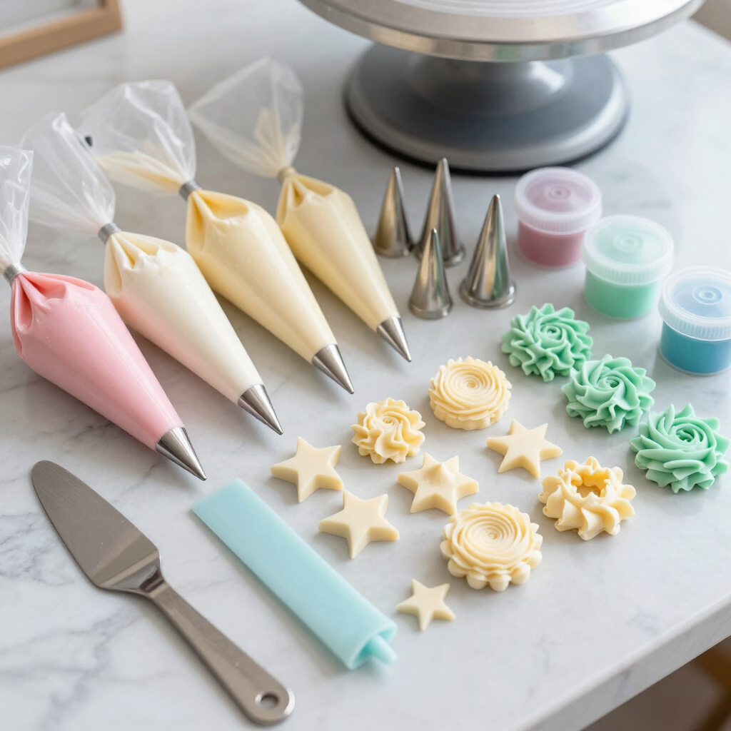 Baking mix boxes, flavoring bottles and decorating tips on a shelf