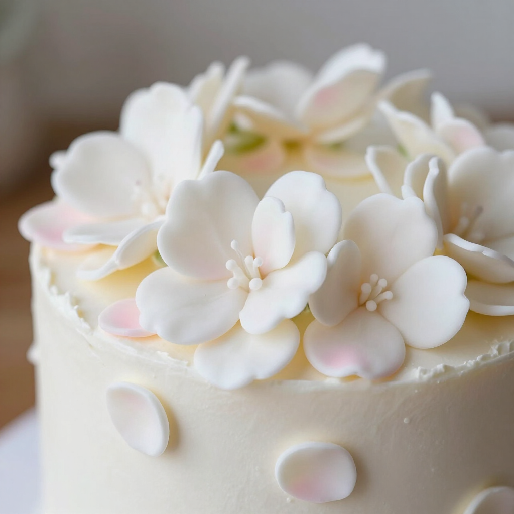 Sugar flowers and floral accents on a fondant cake