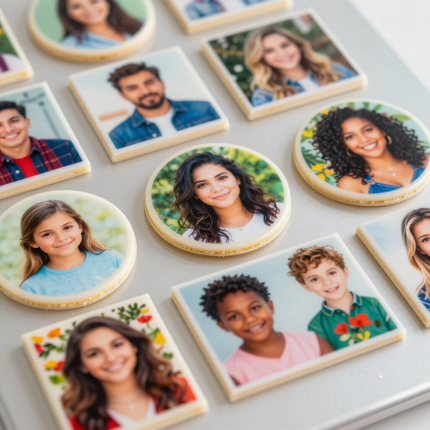 Edible photo topper being placed on a birthday cake