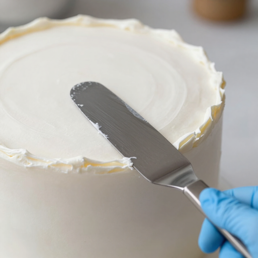 Offset spatula smoothing fondant over a cake tier