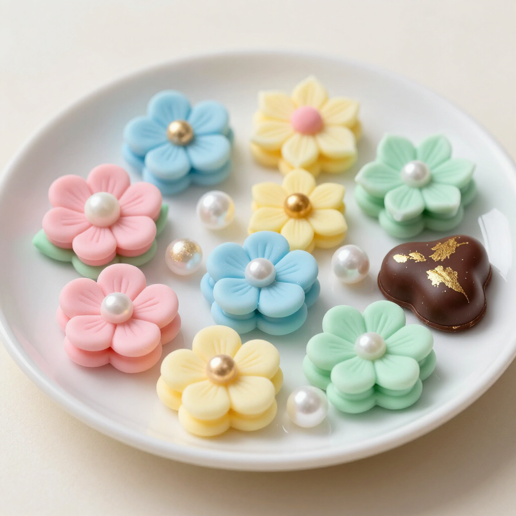 Pastel flower-shaped sweets with pearl centers on a white plate, plus a chocolate heart cookie Pastel flower-shaped sweets with pearl centers on a white plate, plus a chocolate heart cookie
