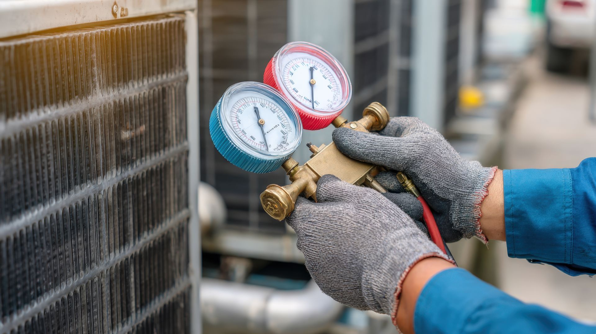 Closeup of gloved hands using blue and red manifold gauges to check refrigerant on an AC condenser Closeup of gloved hands using blue and red manifold gauges to check refrigerant on an AC condenser