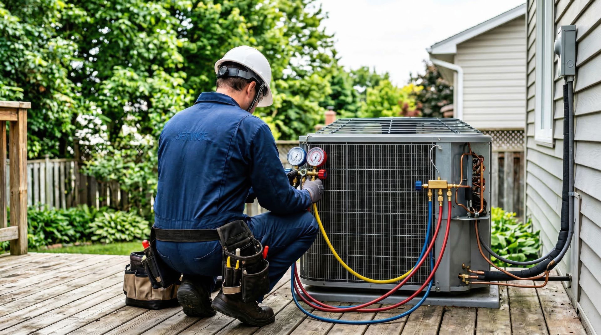 Technician in blue coveralls and hard hat using refrigerant gauges to service outdoor AC condenser. Technician in blue coveralls and hard hat using refrigerant gauges to service outdoor AC condenser.