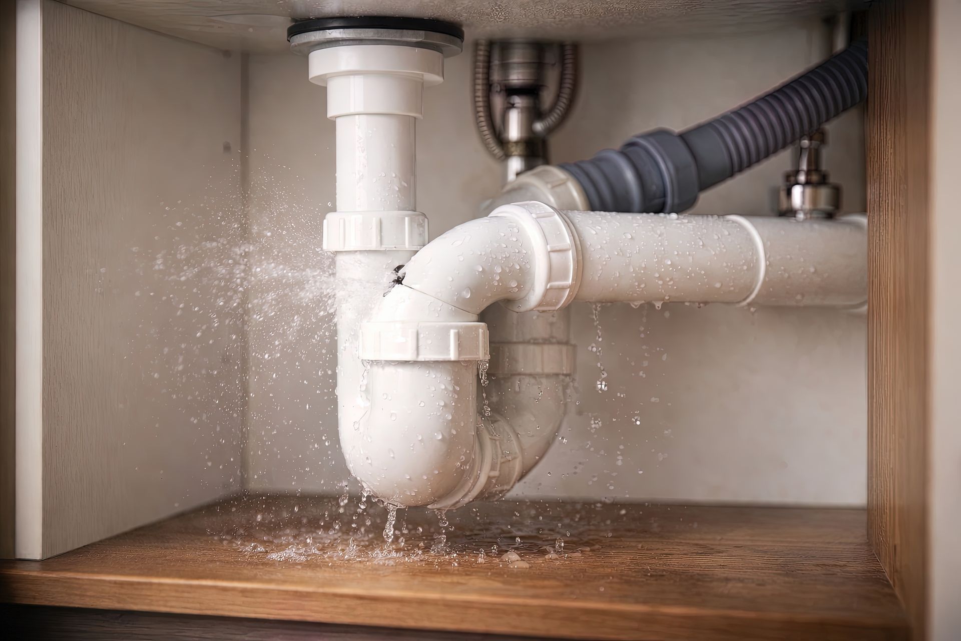 White PVC sink P-trap spraying water from a cracked joint onto a wet wooden cabinet base, mid-leak.