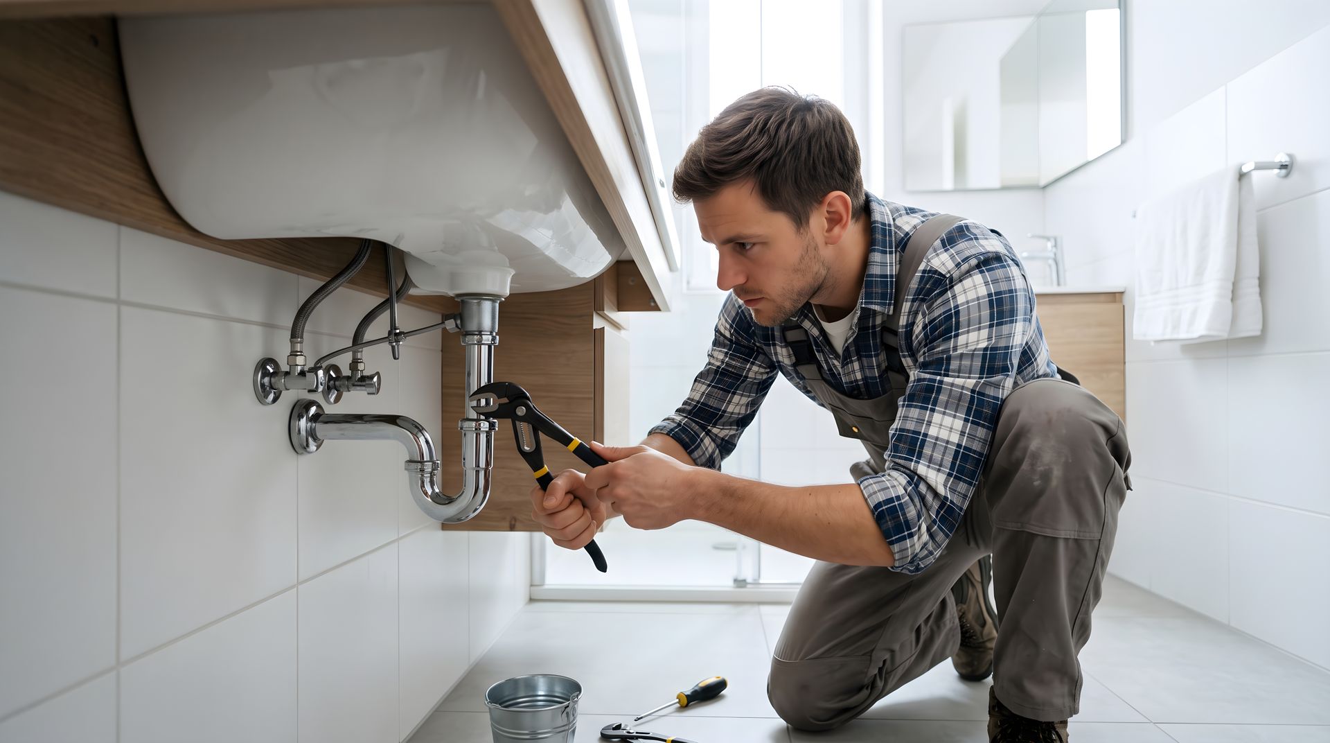 Plumber in a plaid shirt using pliers to repair a chrome P-trap drain pipe beneath a bathroom sink.
